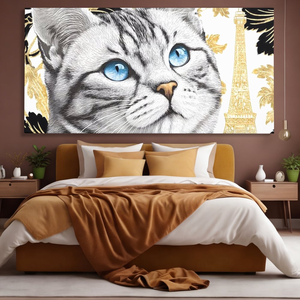 Tablou canvas cu tablou canvas cu pisica si turnul eiffel, fara rama, pe sasiu de lemn, pe perete intr-un dormitor